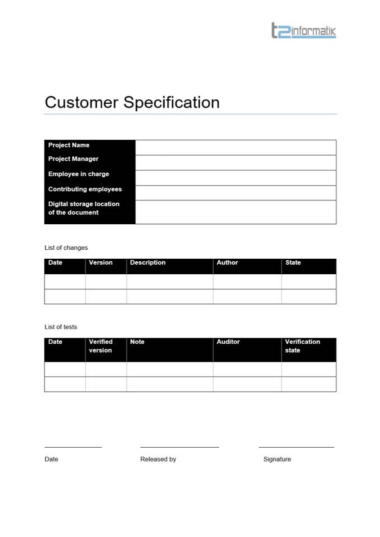 Customer Specification Template to take away